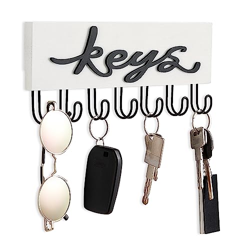 Mkono Key Holder for Wall Decorative with 7 Hooks, Wall Mounted Keys Hanger Organizer Rustic Wood Hanging Key Hooks Home Decor Farmhouse Key Rack for Entryway, Hallway, Office, White by Mkono - Used condition - US$12.81