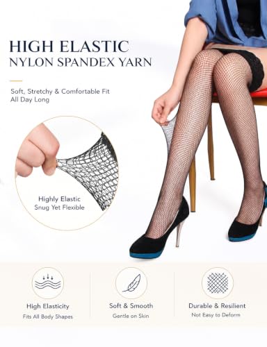 Image of comeondear Women Fishnet Thigh High Stockings Plus Size Socks with Antiskid Silicone Lace Top Sheer Nylons Pantyhose Tights