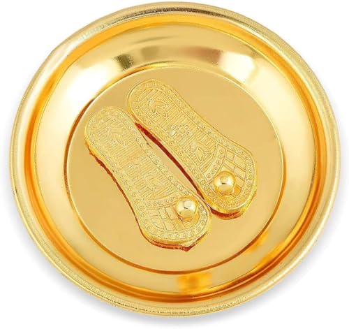 GRI9 Sri Laxmi Lakshmi Charan Paduka (Laxmi's Feet) Handcrafted Lucky Charm Amulet Yantra - Immense Wealth Prosperity (Golden) Decorative Showpiece (with Plate)