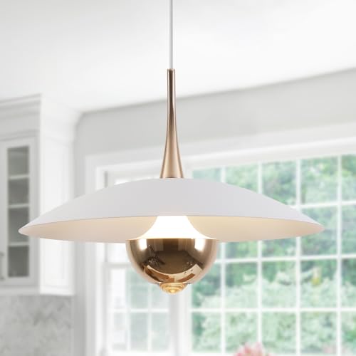 Image of Farmhouse Large Pendant Light Mid Century Modern Ceiling Lights Fixture with White Dome Metal Lampshade Vintage Led Pendant Lighting for Kitchen Hallway Bedroom