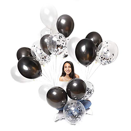 Confetti Balloons with Ribbon Roll, Glue Dots, Clips to Tie | Black & White 61 Pack | Premium Quality Balloons for Wedding Decoration, Birthday Party, Proposal | 12 Inch Prefilled | by Tom&Luca