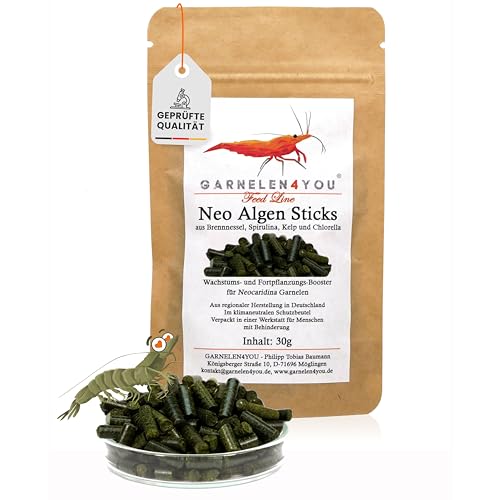 GARNELEN4YOU® Neo Algen Sticks – Wachstums- & Fortpflanzungs-Booster für Neocaridina Garnelen – Premium Garnelenfutter – nachhaltige Verpackung – Made in Germany – 30 g