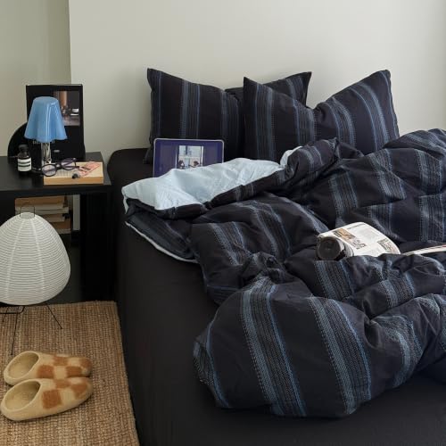 Image of Navy Blue Striped Puffy Textured Duvet Cover Set,Twin XL Size | Boys Minimalist Modern Vertical Stripes Bedding Set for Contemporary Bedroom