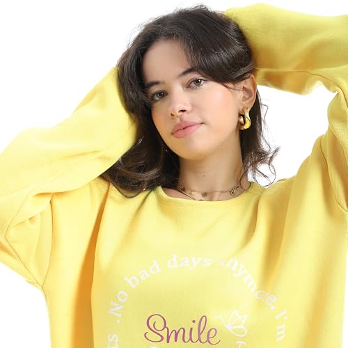 بلوفر بلون واحد بنمط ذاتي بقبة مطوية للنساء من اندورا، لون أصفر، مقاس واحد