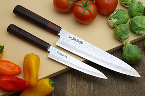 Yoshihiro 46 Layers Hammered Damascus Gyuto Chef Knife And Petty Utility Knife Set (Gyuto 8.25'' (210Mm) & Petty 6'' (150Mm), Rosewood Handle) #TOP1