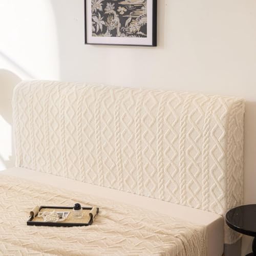 Image of HOMETHREADS Stretchable Lycra /Velvet Headboard Cover | Soft, Dust-Proof & Wrinkle-Resistant Bed Back Protector | Fits Leather, Wooden & Fabric Bedsides | for 5ft to 6.5ft Beds (Cream, 150x65cm)