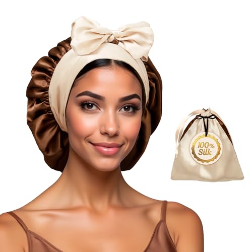Real Silk Bonnet for Sleeping Women with Curly, Straight, & Fine Hair – Hair Cap for Sleep – Premium Alternative to Double Layer Satin Bonnet – Silk Wrap for Sleep with Wonder Loop Tie – Brown