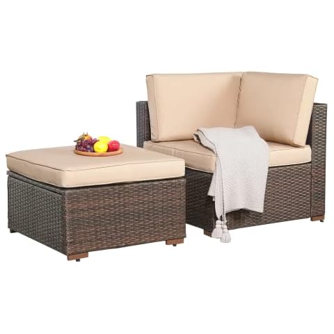 Patiorama 2-Piece Patio Furniture Sofa Set, Outdoor Sectional Sofa, All-Weather Brown PE Wicker Rattan Conversation Set, Outdoor Loveseat, Patio Seating for Balcony Garden Pool (Beige Cushion) Cover