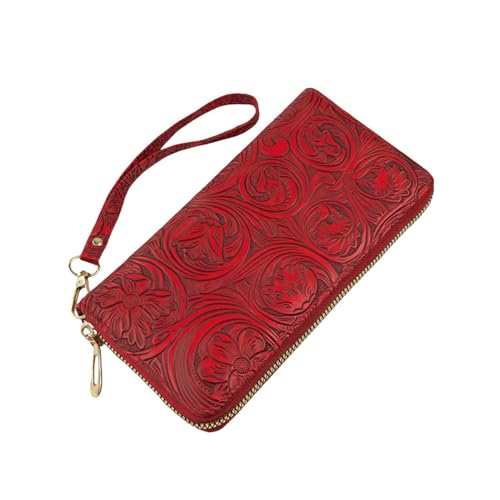 Carteira feminina clutch com zíper duplo em torno do porta-cartão de crédito carteira feminina de couro grande capacidade, Vermelho, Large