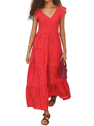 MASCOMODA Womens Summer Maxi Dress Casual V Neck Cap Sleeve Smocked Dresses Ruffle Tiered Beach Party Long Flowy Sundresses
