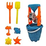 Tradineur - Cubo de Playa con Molinillo, Pala, rastrillo y moldes, Juguete de plástico para niños, Jugar en la Arena, Playa, Parque, 8 Piezas