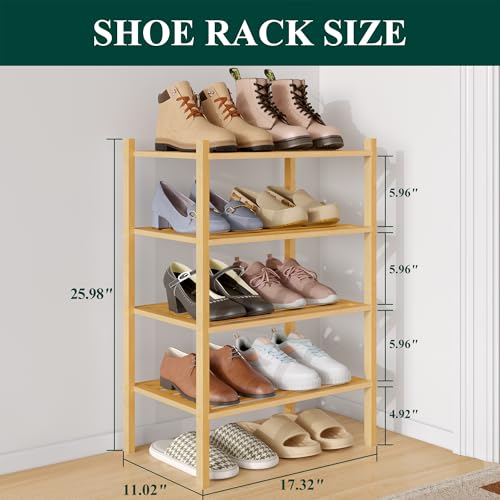Image of Smiry Bamboo Shoe Rack, 5 Horizontal Slats, 4 Tier - 17.3 inch Wide, Natural