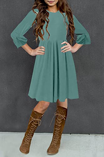 Hosika Girls Casual Dress Long Sleeve Round Neck Solid Color Fall Midi Dresses With Pockets For Kids 6-12 Years Light Green S #TOP1