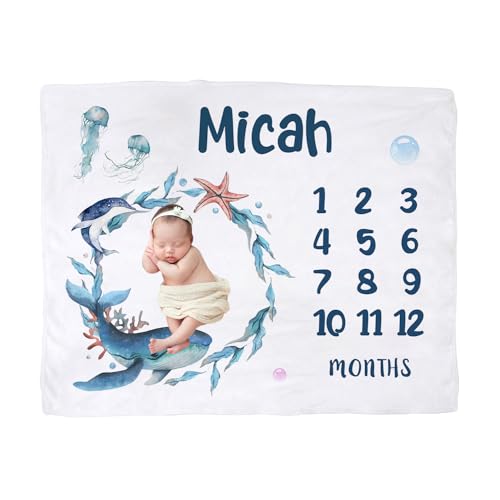 Naseagleeye Personalized Baby Milestone Blanket for Boys - Custom Newborn Ocean Monthly Blanket With Name for