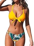 CUPSHE Damen Bikini Set V Ausschnitt Knoten Bikini Bademode Low Rise Tropenmuster Zweiteiliger Badeanzug Swimsuit Gelb M