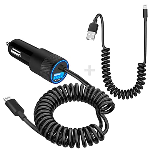 [Apple MFi Certified] iPhone Fast Car Charger, BARMASO 4.8A USB Smart Power Rapid Car Charger with Built-in Coiled Lightning + 6FT Lightning Cable Quick Car Charge for iPhone 14/13/12/11/XS/XR/SE/iPad