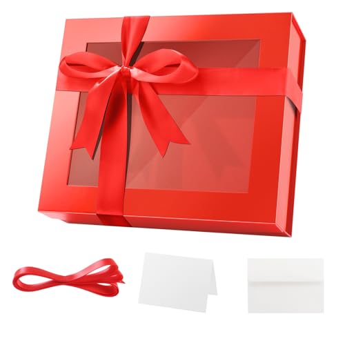 PACKQUEEN Extra Large Magnetic Red Gift Box with Window 16.3x14.2x5 In