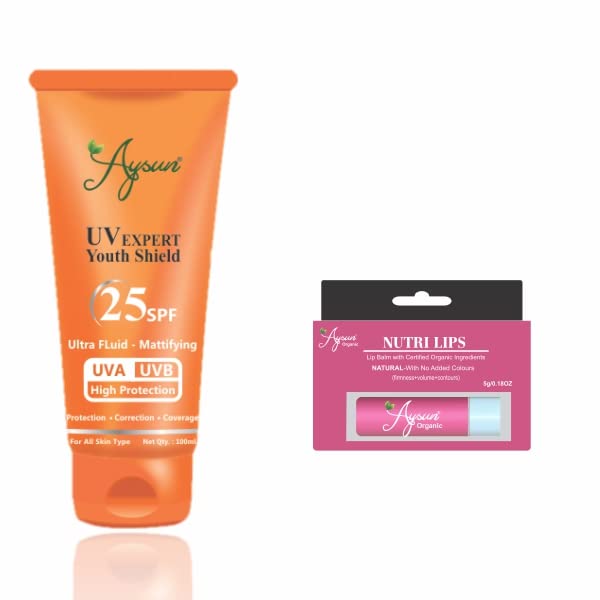 AysunCombo Pack of UV Expert Youth Shield 25SPF & Natural Nutri Lip Balm Pack of 2