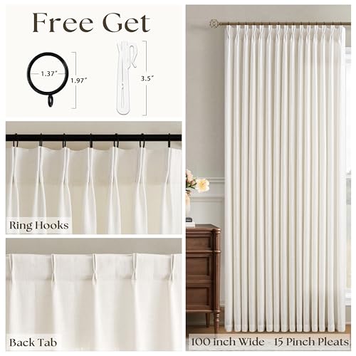 Image of Extra Wide Curtains 100 Width 102 Inches Long Patio Sliding Door | Natural Linen, 100 Inches Wide, Pinch Pleated , Hooks Rings, Light Filtering, Semi Sheer, Living Dining Room, 1 Panel