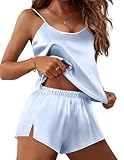 Ekouaer Silk Pajamas Set for Women Satin Lingerie Pjs Cami Top and Shorts Soft 2 Piece Nightwear Light Blue Medium