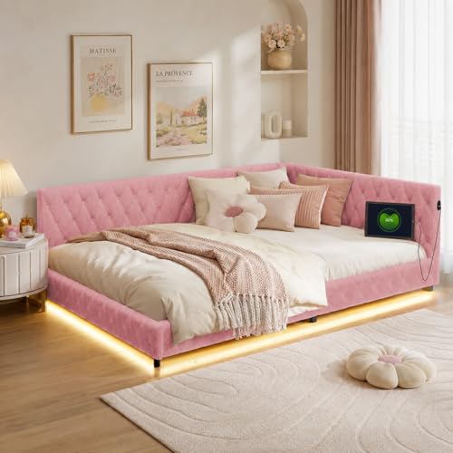 LKPOMI Polsterbett 140x200, Tagesbett mit LED und USB, Rosa Kinderbett mit Lattenrost, Teddy Fleece Einzelbett Schlafsofa Daybett Bettgestell, ohne Matratze (Rosa)