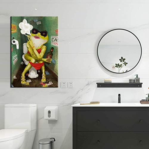 Levvarts - Funny Bathroom Wall Art Abstract Frog Smoking And Drinking On Toilet Painting Canvas Print Cool Animal Artwork Modern Bar Pub Bedroom Decor Stretched And Framed Ready To Hang #TOP2