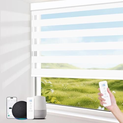 Image of Motorized Blinds with Remote Control 95% Blackout Electric Zebra Blinds for Windows Compatible with Alexa Google for Home Office White,35 inch x 72 inch
