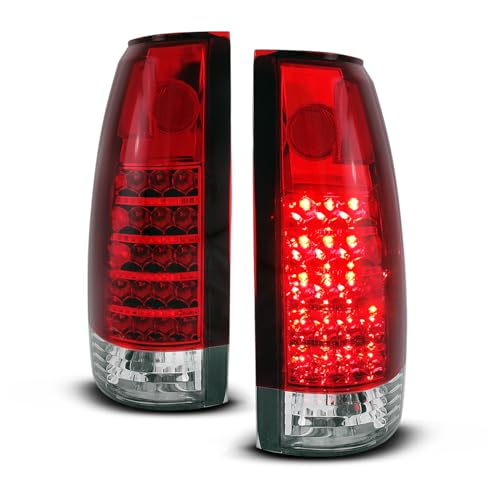 AmeriLite for 1988-1999 Chevy GMC Full Size C/K Pickup Truck Tahoe Suburban Crystal Red LED Replacement Tail Lights Assembly Pair - Passenger and Driver Side
