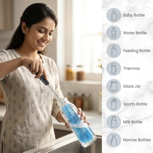 Image of 3Pcs Bottle Cleaner Brush Set, L Shape 15 inch Long Handle Washing Bottle Cleaning Brushes for Narrow Neck Water Bottles Tumblers Straws Coffee Mugs Sport Bottles Flasks and Thermos Lid Brush