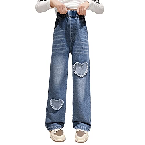 Kids Girl's Heart Ripped Jeans Elastic High Waist Wide Leg Jeans Children Baggy Pants Slit Denim Pants 2~12T