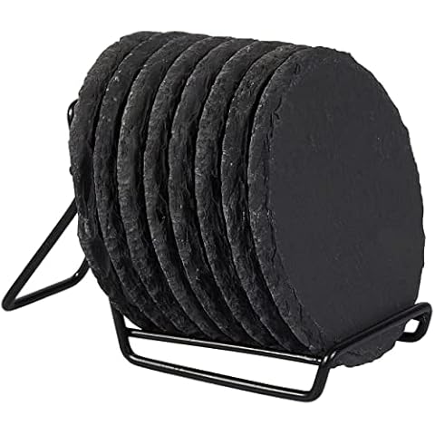 Slate Coasters with Holder, WEWINK PLUS 4 Inch 8 Pieces Natural Round Stone Coasters Bulk Rustic Rock Black Coasters for Drinks with Anti-Scratch Backing for Home Decor, Bar, Kitchen, Table, Cup Cover