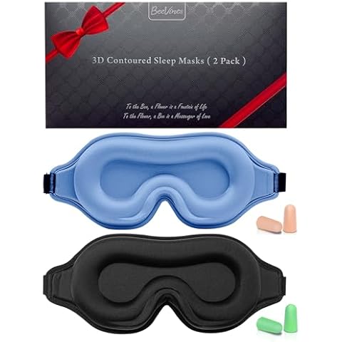 BeeVines Sleep Mask, 2 Pack 3D Contoured Sleeping Eye Masks for Lash Extensions, Night Molded Mask with Adjustable Strap, Eye Shade Cover Lashes Extension for Traveling Yoga Nap(Black & Light Blue) Cover