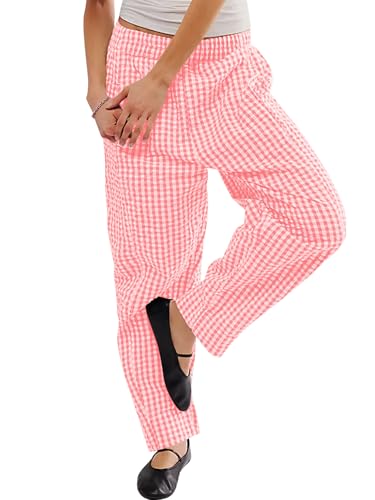 Image of YKR Plaid Pants for Women Gingham Lounge Wide Leg Low Waist Pajama Pants Elastic Waist Trousers with Pocket