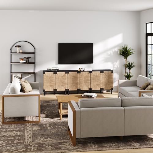 Image of Nathan James Beacon Accent Natural Sideboard Storage Cabinet TV Stand in Wire-Brushed Wood with Adjustable Interior Shelf and Seagrass Doors, for Hallway, Entryway or Dining Room, Black, Set of 3