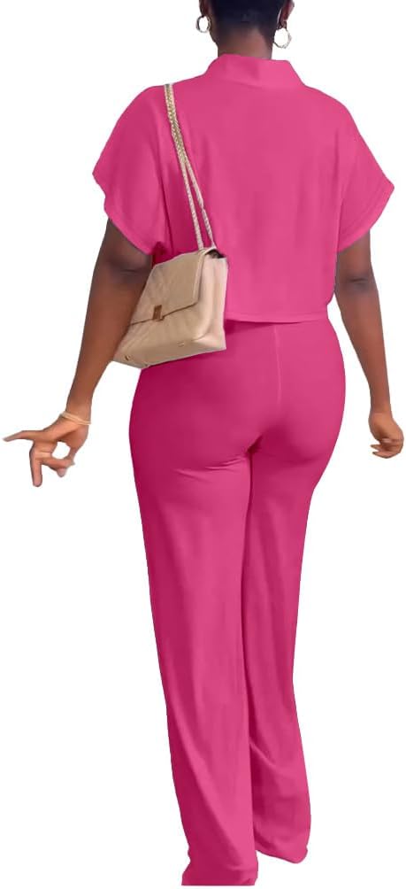 HBQ Women's Summer 2 Piece Outfits Casual Tracksuit Short Sleeve Button Down Crop Top Wide Leg Long Pant Lounge Sets - Image 6