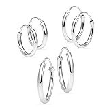 Silverline Jewelry 3 Pairs Sterling Silver 10mm 12mm 14mm Small Endless Continuous Unisex Hoop Earrings for Cartilage Nose and Lips