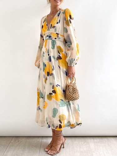 Image of Sissyaki Womens Long Sleeve Summer Maxi Dress 2026 Floral Dress Spring Wedding Guest Dress Yellow-Watercolour L