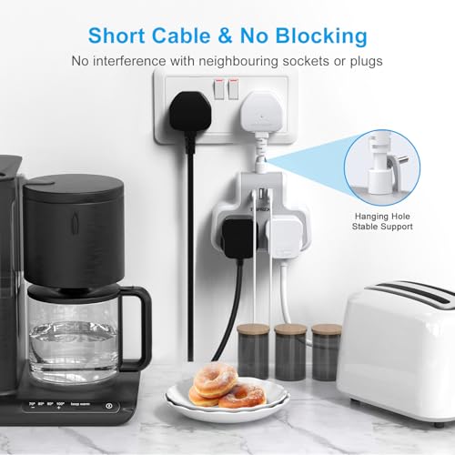 TOPREK Multi Plug Adaptor with USB C, Double Plug Adapter UK, 5cm Short Extension Lead, Compact Wall-Mounted Adapter Plug UK for Home, Office, Kitchen