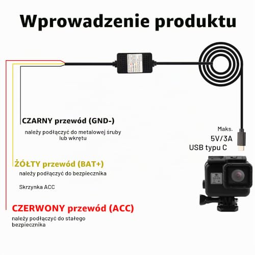 MEIRIYFA Zestaw kamery samochodowej ACC Hardwire, USB typu C Hardwire Dashcam Kit Step-Down kabel, 12 V-24 V do DC 5 V 3 A przewód zasilający ładowarki samochodowej - 3,5 m