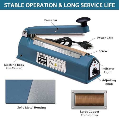 ROMECH 8 Inch Impulse Bag Sealer, Solid Metal Housing Heavy Duty Manual Heat Sealer Machine with Spare Parts for Sealing Plastic Bags & Shrink Wrap Bags (300W) - Thumbnail 2
