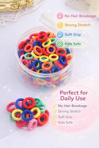 Image of Frescorr (200 pcs) Baby Hair Ties | Soft No-Damage Premium Elastic Mini Rubber Bands for girls | Strong Stretch Ponytail Holders | Daily Use Hair Accessories | (100 Multicolor &100 Pastel)