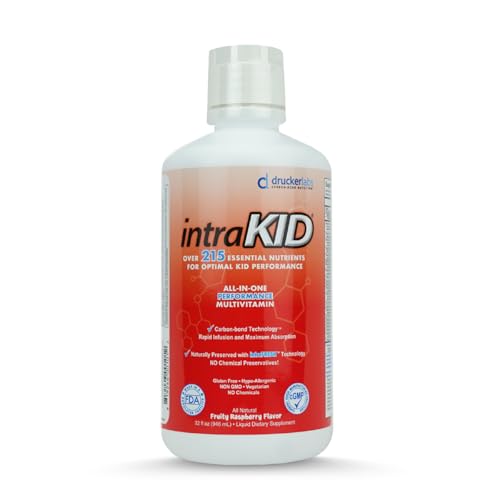 Drucker Labs Organic Liquid Multivitamin for Kids, Immune Support, Non GMO, Dairy Free, Gluten Free, Magnesium, Vitamin A,C,E, Zinc, (32 oz., Fruity Raspberry)