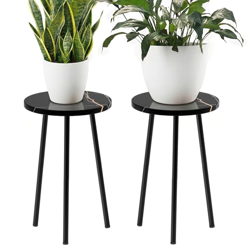 Plant Stand Indoor 2 Pack: Corner Wood 20 Inch Plant Stand Mid Century Modern Decor - Small Round Plant Table for Indoor Plants - Plant Holder for Patio Living Room Bathroom Office (Black Marble)