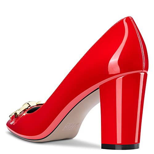 DearOnly Womens Pumps Pointed Toe Block Chunky High Heel Slip On Patent Dress Shoes Office 3 Inch3