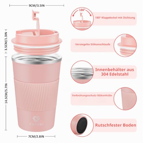 CS COSDDI Thermobecher- Isolierbecher, Edelstahl Travel Mug, 13oz/380ml Vakuum auslaufsicher Reisebecher mit Deckel, Autobecher… – Ansicht 2
