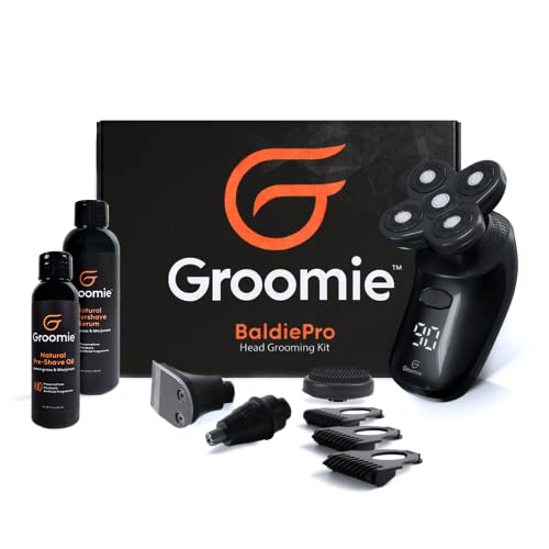 GROOMIE No Hair, Don't Care Bundle - BaldiePro Electric Head Shavers for Bald Men, Natural Pre-Shave Oil to Promote Close Shave, & Natural Aftershave Serum - Mens Head Shaver Kit w/Electric Razor Cover