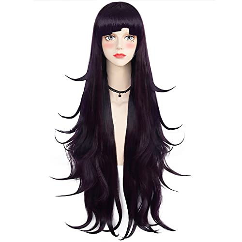 Anogol Wig Cap+ Dark Purple Wig Long Wavy Cosplay Wig With Bangs For Japanese Anime Long Purple Costume Wig For Halloween Christmas Party #TOP2