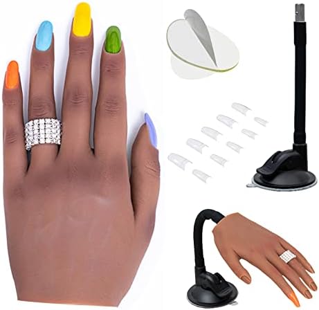 Silicone Nail Practice Hand for Acrylic Nails, Professional Upgrade Mannequin Hands for Nails Practice with Adjustable Bracket, Life Size Fake Hand with 50pcs Nail Tips(Left Hand, Dark brown)