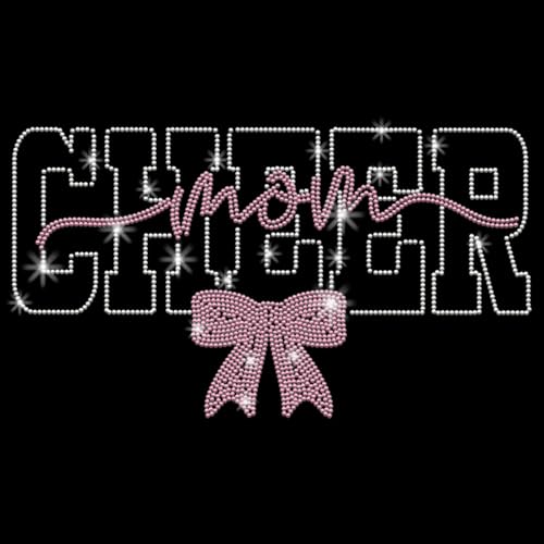 PLIGREAT Cheer Mom Rhinestone Iron on Hotfix Heat Transfer Decal, Glitter Bow Iron on Patches Clothing Repair Appliques for DIY Jackets T-Shirts Pants Bags Tailors Shop Supplies