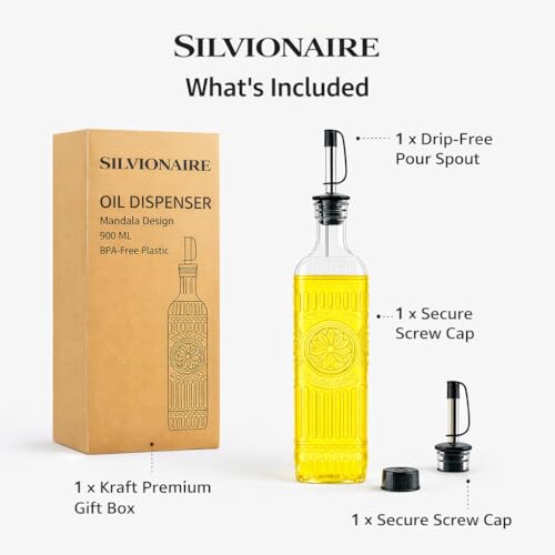 Image of 900ML Oil Dispenser Bottle | Heavy Premium Plastic Oil Pourer with Mandala Design | BPA-Free, Leakproof Cooking Oil Container with Easy Flow Spout for Kitchen (Transparent)